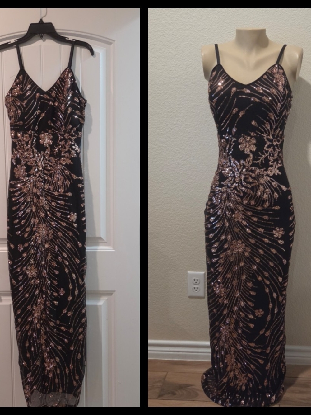 Haute Monde Black Maxi Dress with Rose Gold Sequin Detail